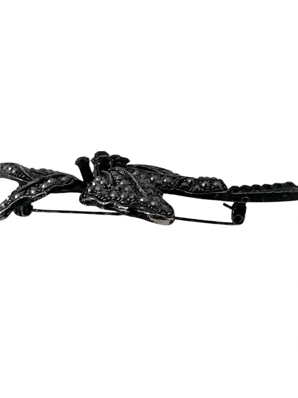 Vintage Black Sparkling Rhinestone Orchid Flower Brooch Pin Jewelry